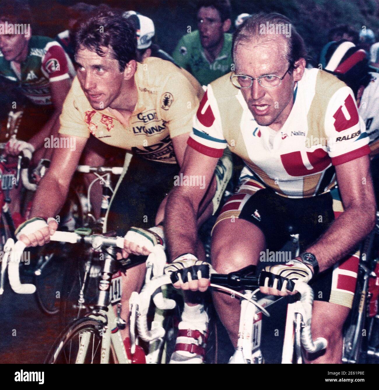 Laurent Fignon of France (R) and Greg LeMond of the U.S. ride side by side  during the 9th stage of the Tour de France cycling race between Pau and  Cauterets in this