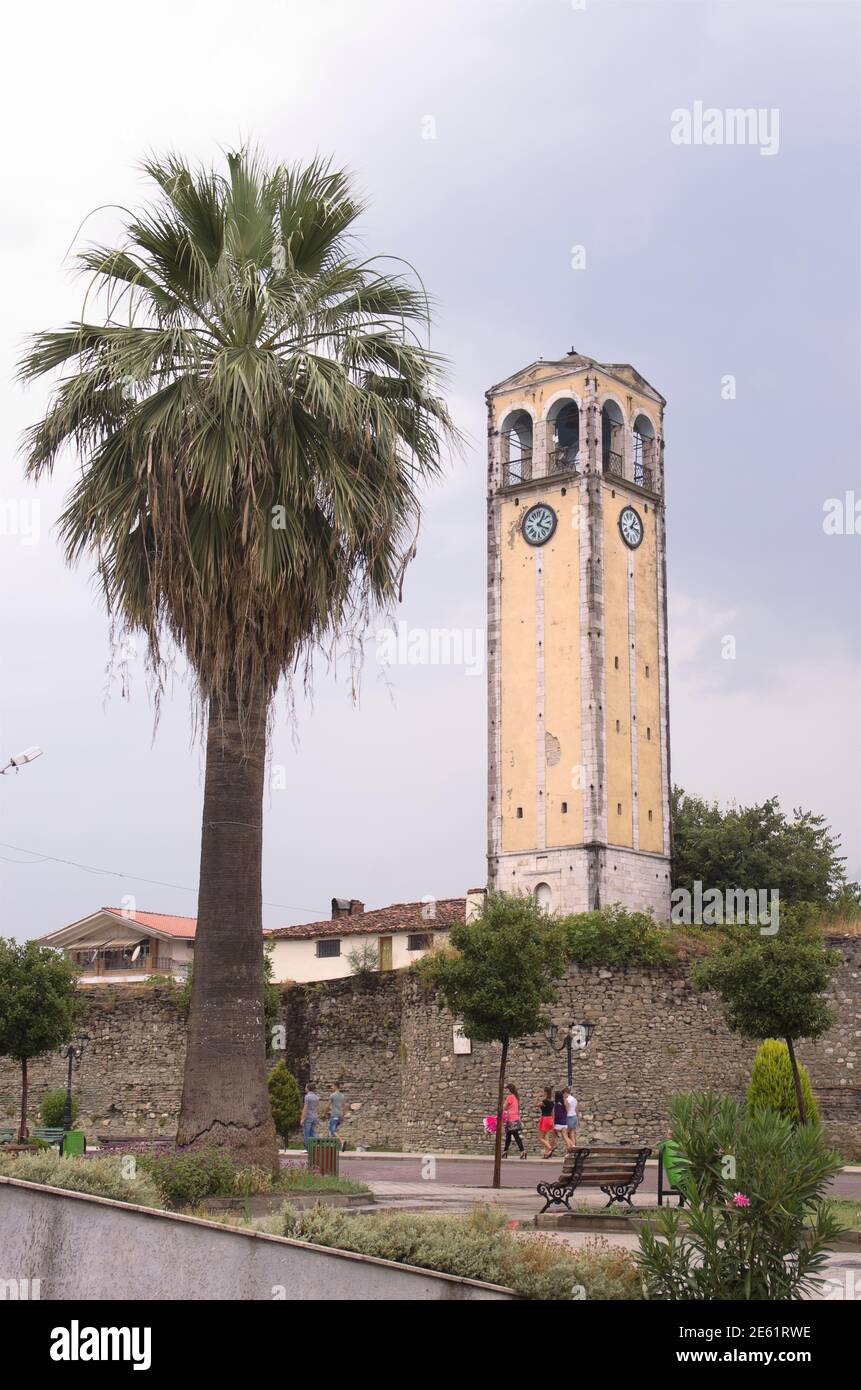 Elbasan Albania July 24 2012 Clock Tower And Palm Tree In Elbasan Elbasan Albania July 24 2012 Clock Tower And Palm Tree In Elbasan