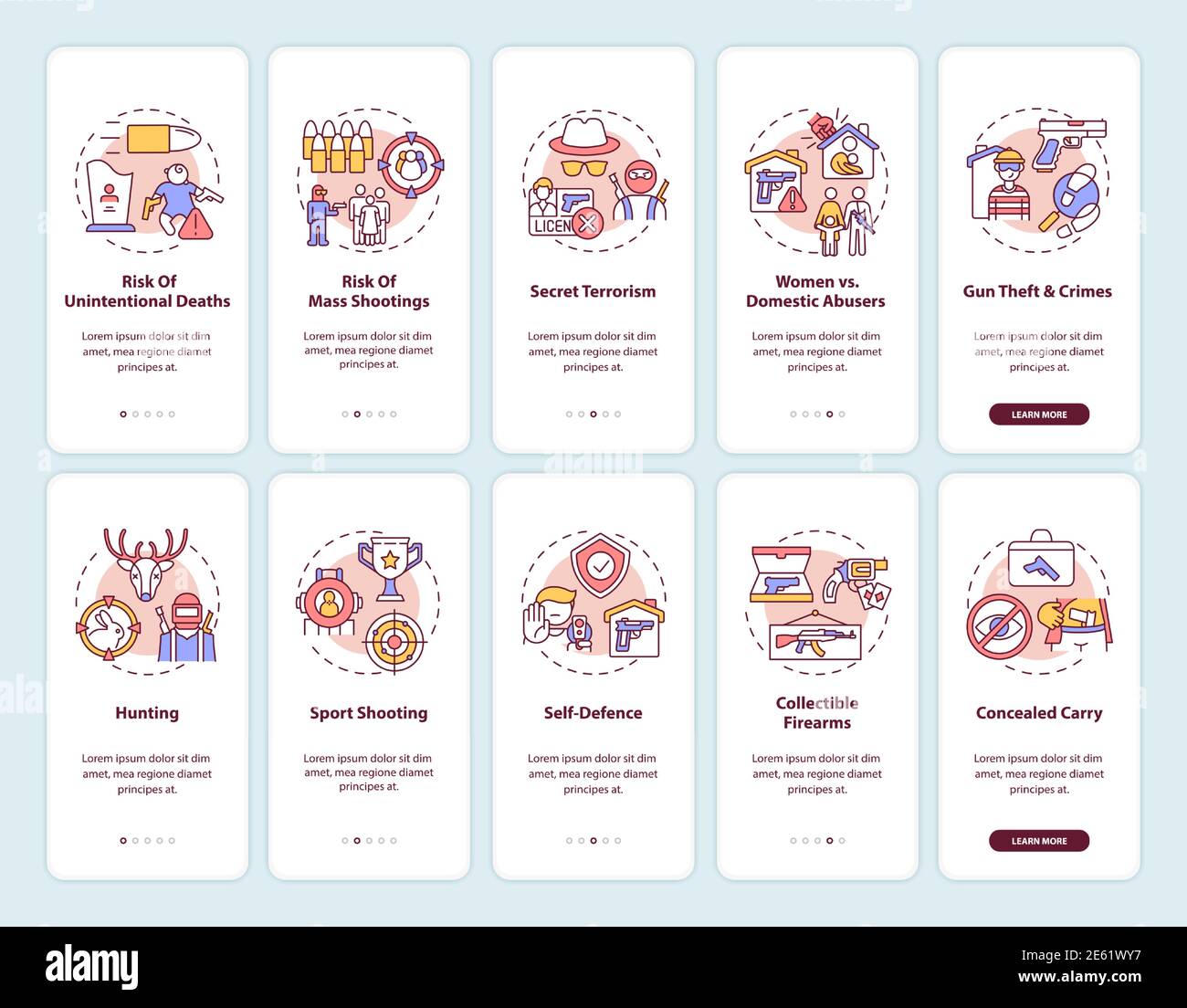 Gun control onboarding mobile app page screen with concepts Stock Vector