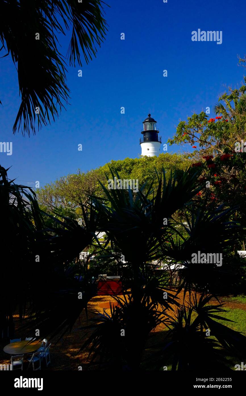 Key West Lighthouse, Key West, Florida, FL USA.  Southern most point in the continental USA.  Island vacation destination for relaxed tourism. Stock Photo