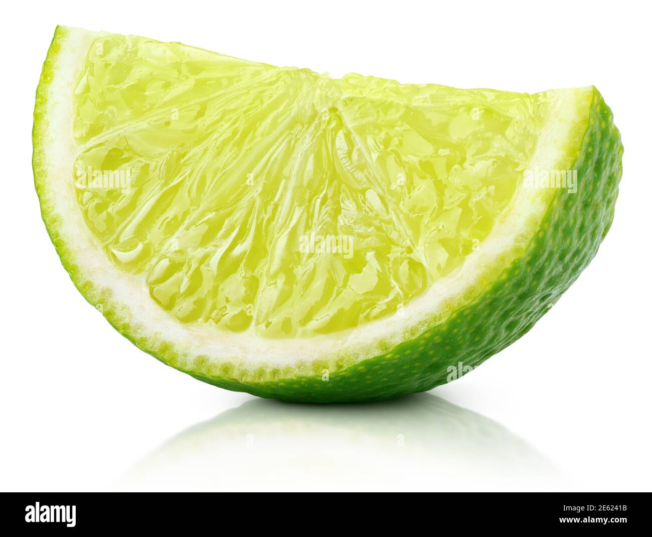 Single slice of lime citrus fruit isolated on white background with clipping path. Full depth of field. Stock Photo