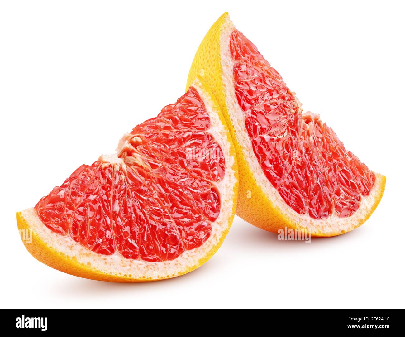 Two slices of grapefruit citrus fruit isolated on white background with clipping path. Full depth of field. Stock Photo