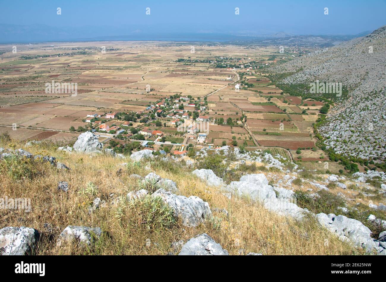 aerial view from Marshej Castle of village and of the plain around Lake Skadar, Albania Stock Photo