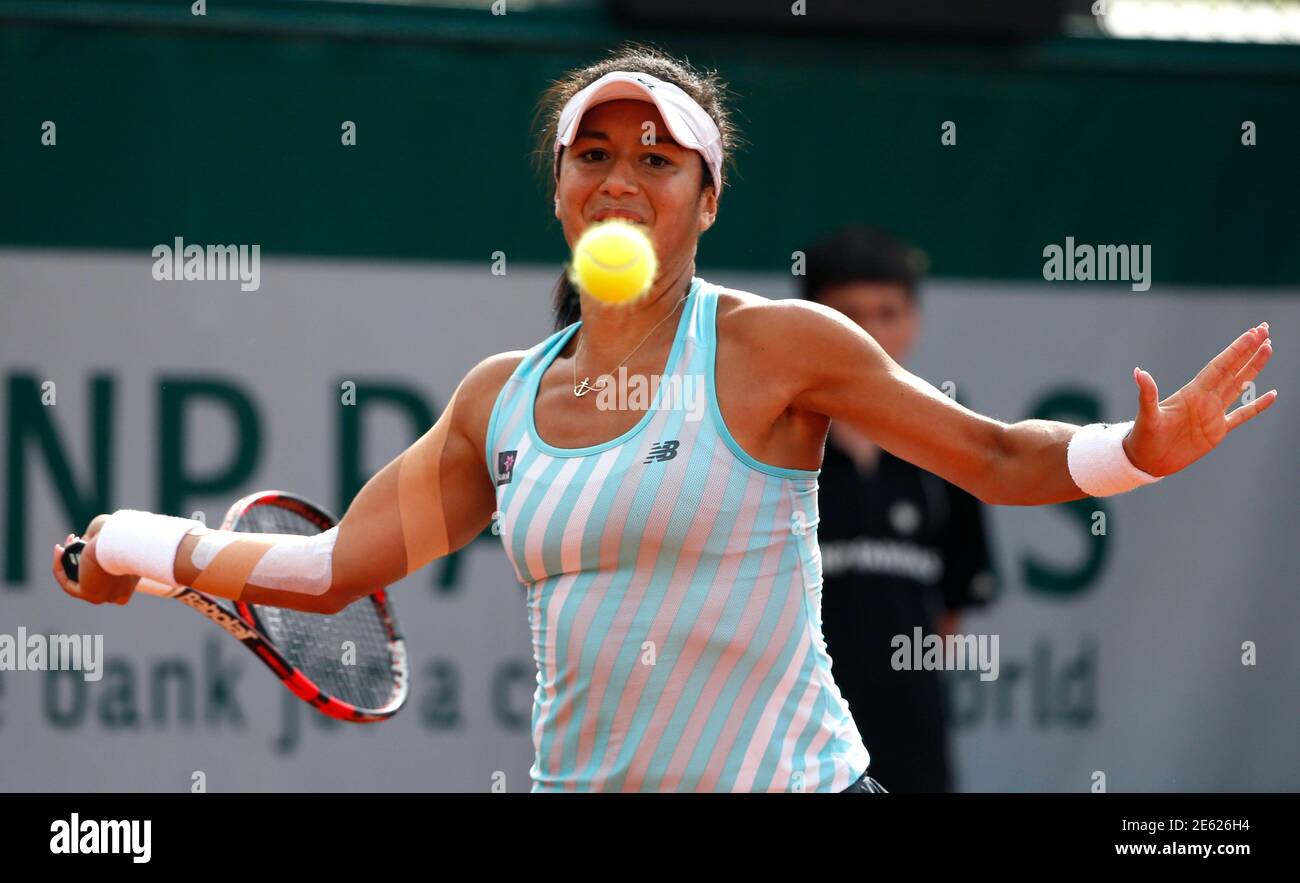 Heather Watson of Britain eyes the ball as she plays a shot to Sloane Stephens of the U.S. during their women's singles match at the French Open tennis tournament at the Roland Garros stadium in Paris, France, May 28, 2015.        REUTERS/Pascal Rossignol Stock Photo
