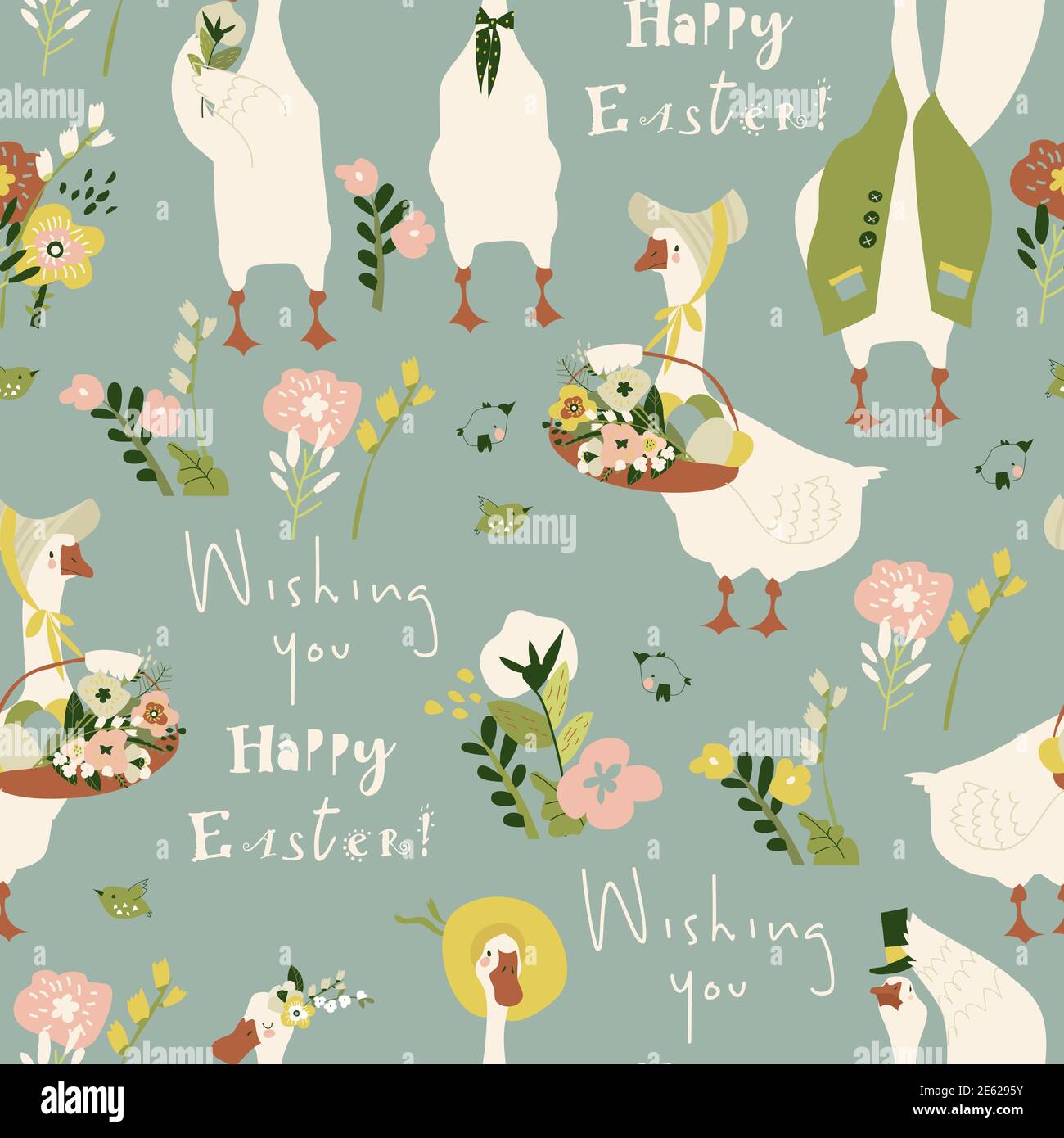 Seamless pattern with cartoon gooses and flowers Stock Vector