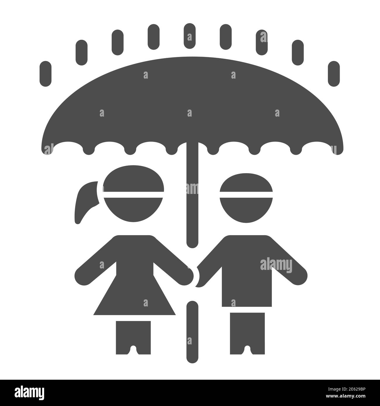 Children under umbrella solid icon, 1st June children protection day concept, Boy and girl standing in rain under one big umbrella sign on white Stock Vector