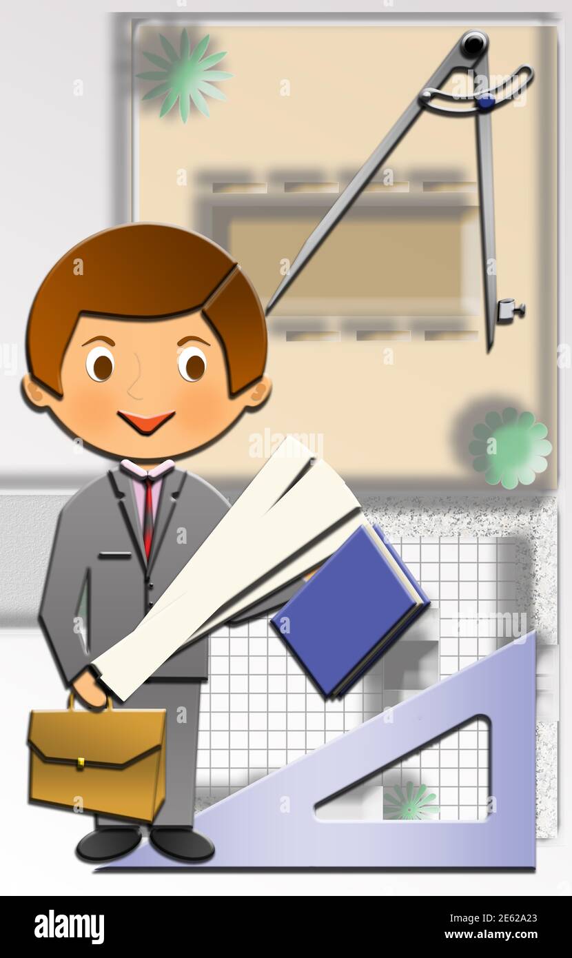 Cartoon of a cute Happy Architect, wearing a suit, with a plan in the background.  This illustration is part of a collection of different professions. Stock Photo