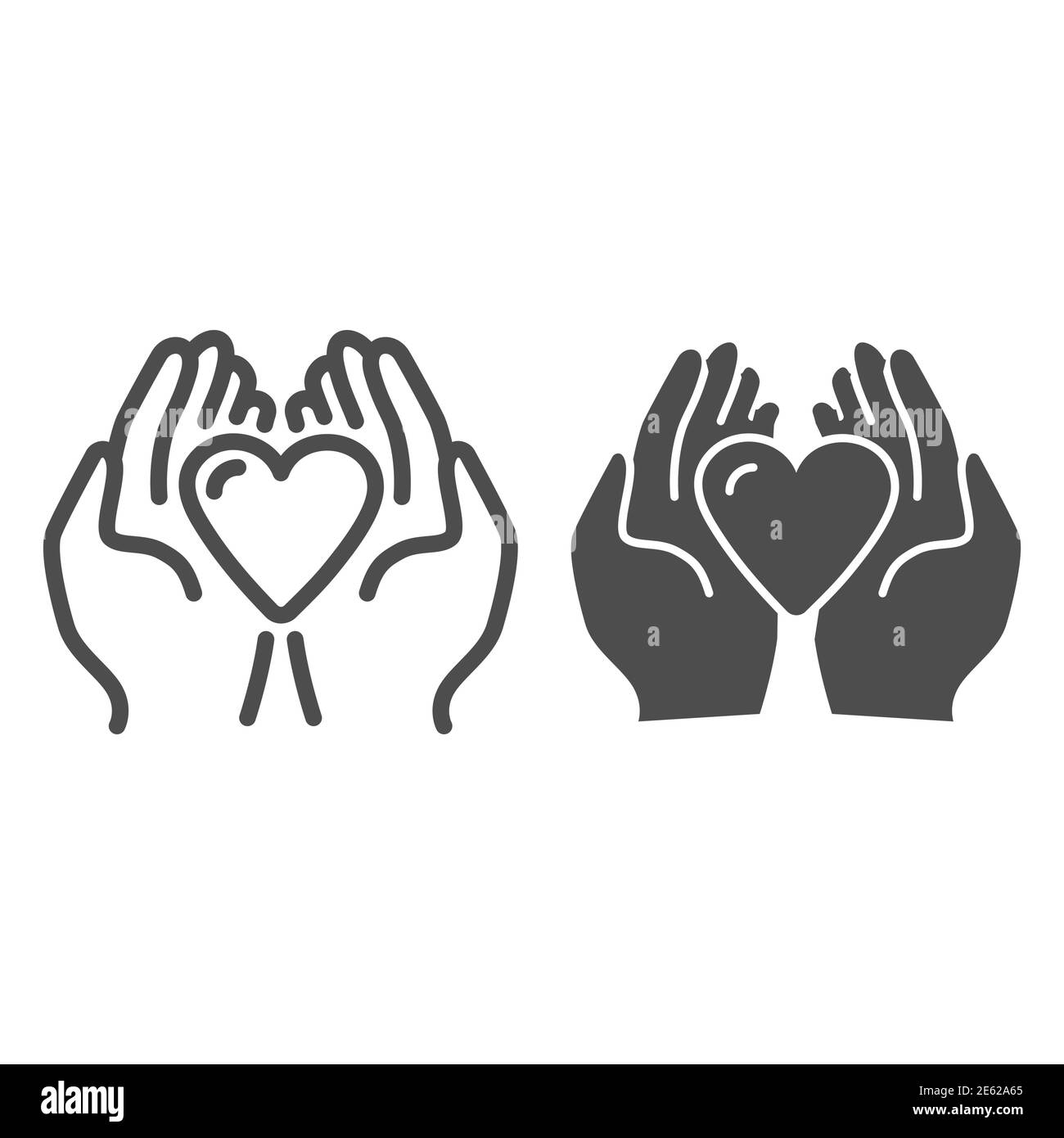 Heart in palms line and solid icon, love or health care concept, Human hands holding heart