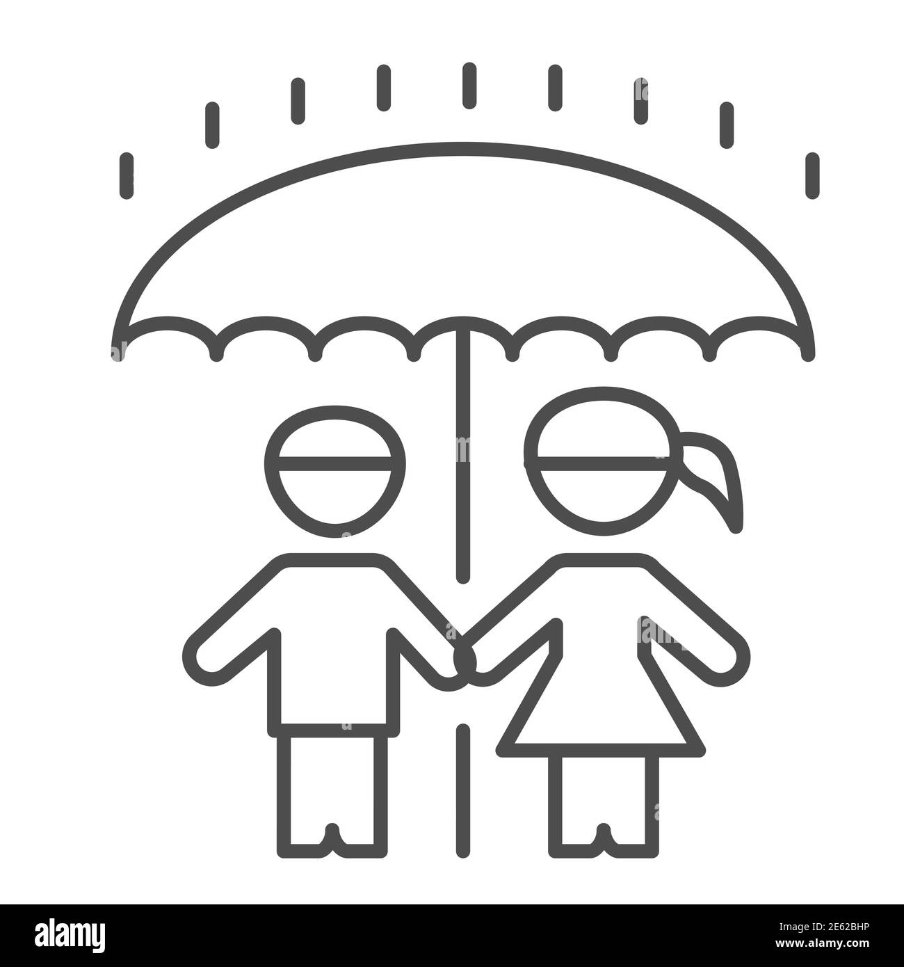 Children under umbrella thin line icon, 1st June children protection day concept, Boy and girl standing in rain under one big umbrella sign on white Stock Vector