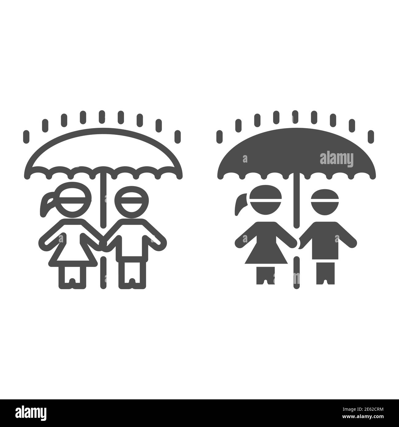 Children under umbrella line and solid icon, 1st June children protection day concept, Boy and girl standing in rain under one big umbrella sign on Stock Vector