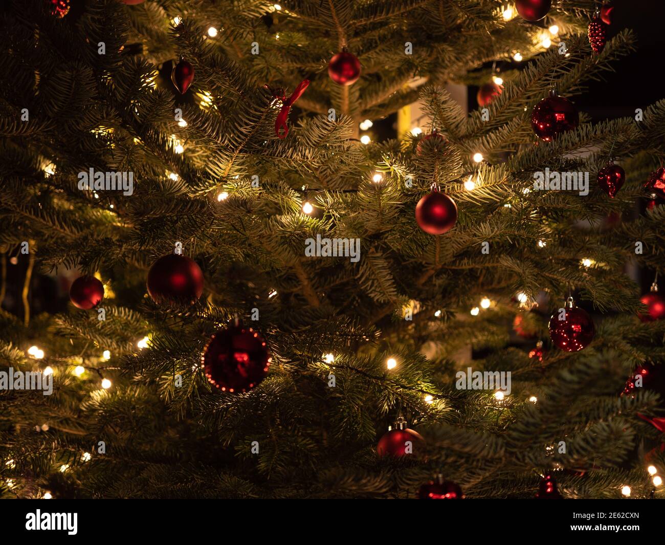 Christmas tree with red balls, decoration and lightning. Stock Photo