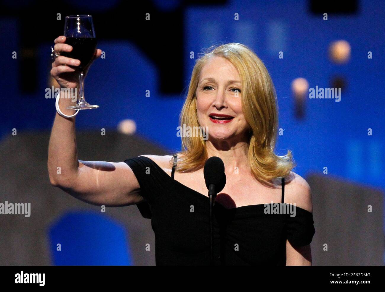Actress Patricia Clarkson raises a toast to independent filmmaker Bingham Ray, who recently passed away, during a tribute at the 2012 Film Independent Spirit Awards in Santa Monica, California, February 25, 2012. REUTERS/Rick Wilking (UNITED STATES  - Tags: ENTERTAINMENT) Stock Photo