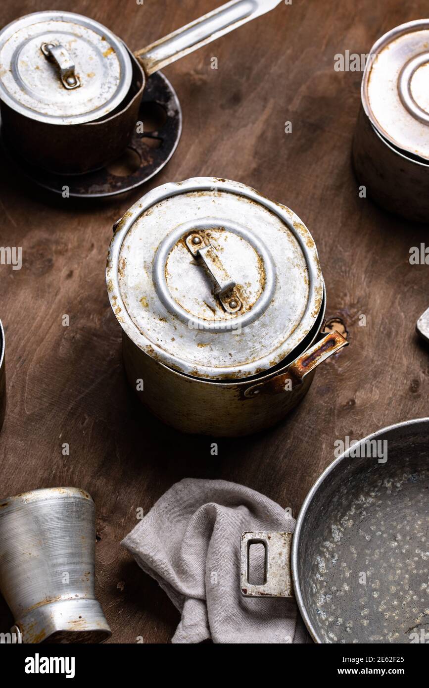 Old vintage iron pots and metallic dish Stock Photo Alamy
