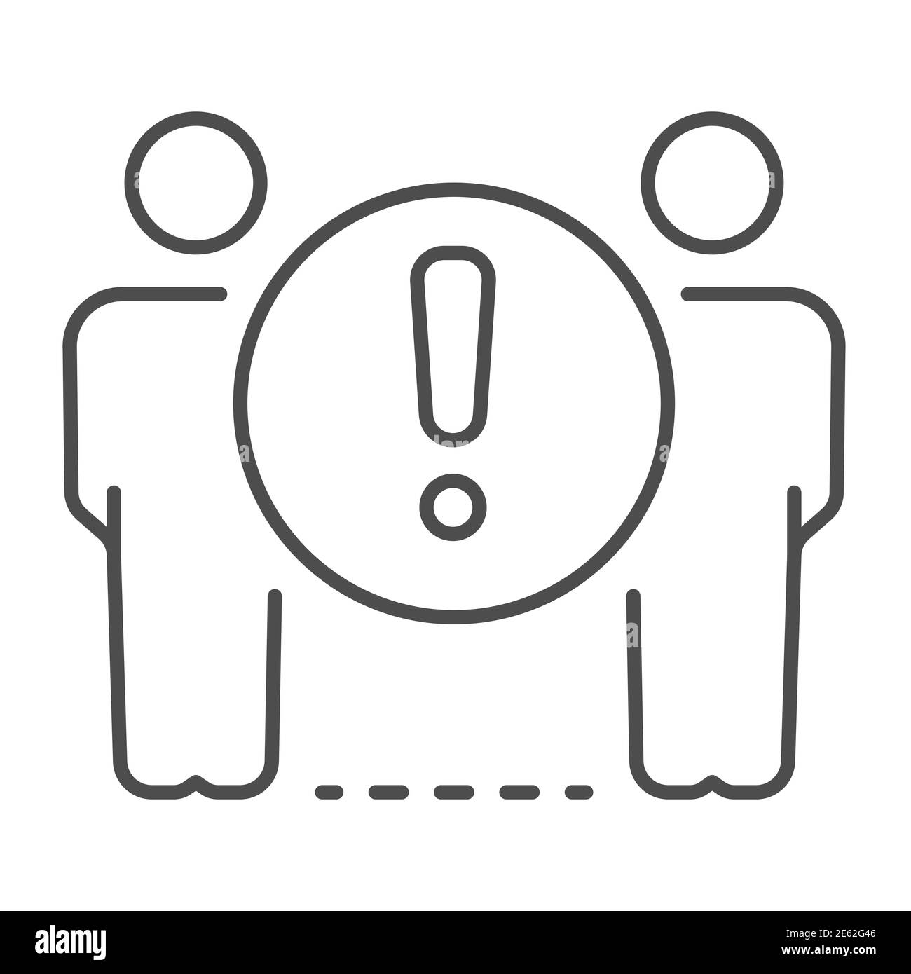 Two person standing at distance thin line icon, social distancing, covid-19 concept, Keep distance with attention sign on white background, No crowd Stock Vector