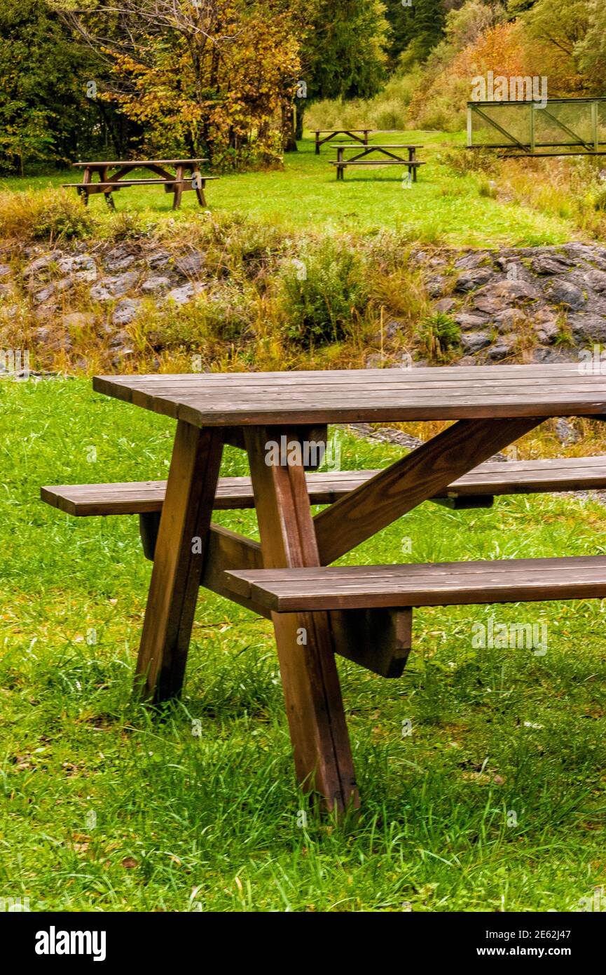 wooden picnic table among green meadows and trees in autumn Stock Photo