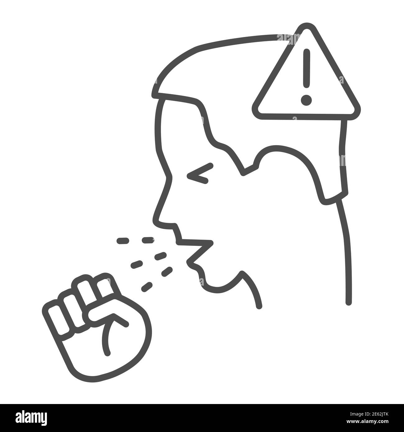 Man coughs with fist and warning sign thin line icon, covid19 spread