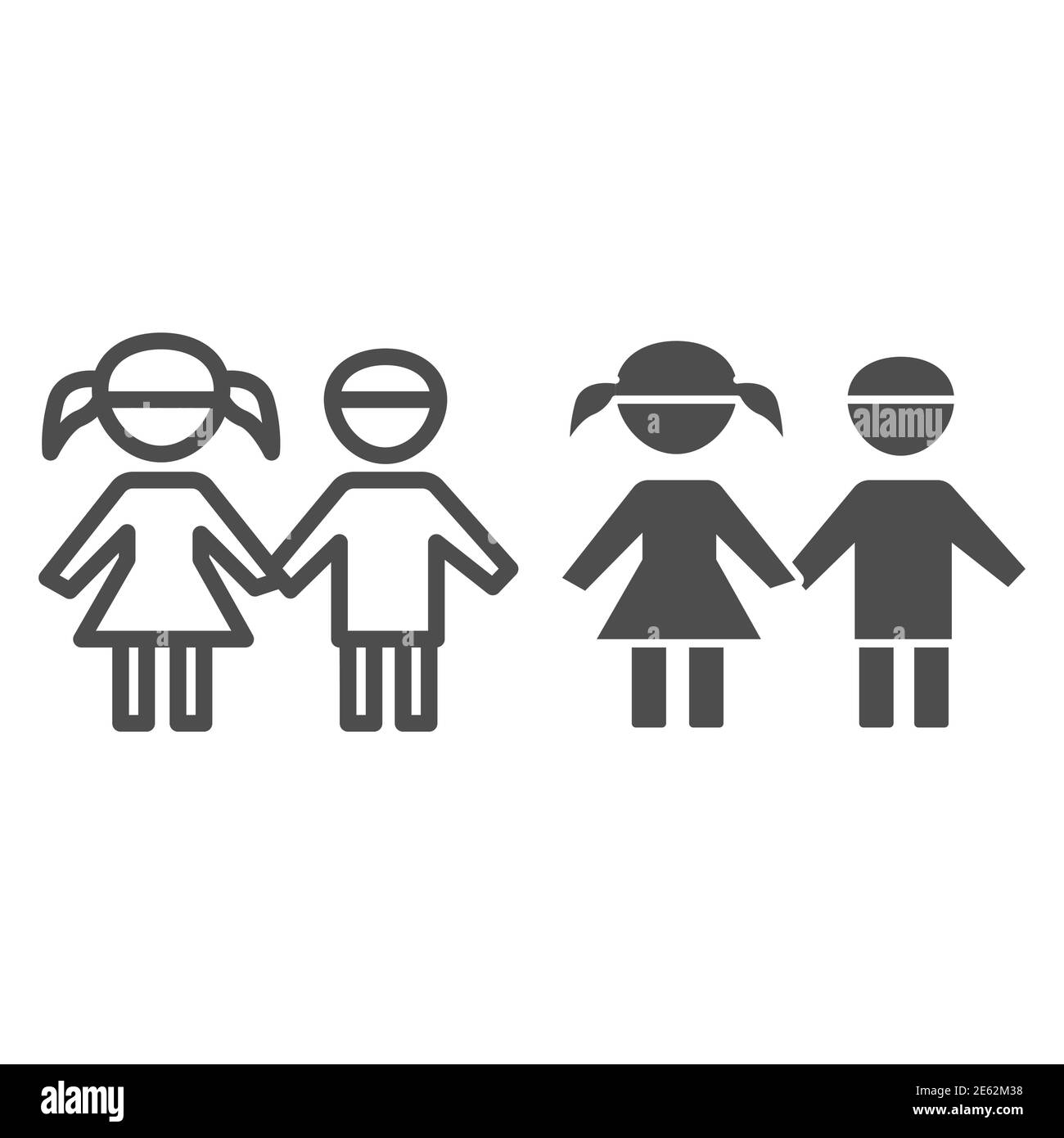 Boy and girl line and solid icon, 1st June children protection day concept, children silhouettes sign on white background, Brother and sister symbol Stock Vector