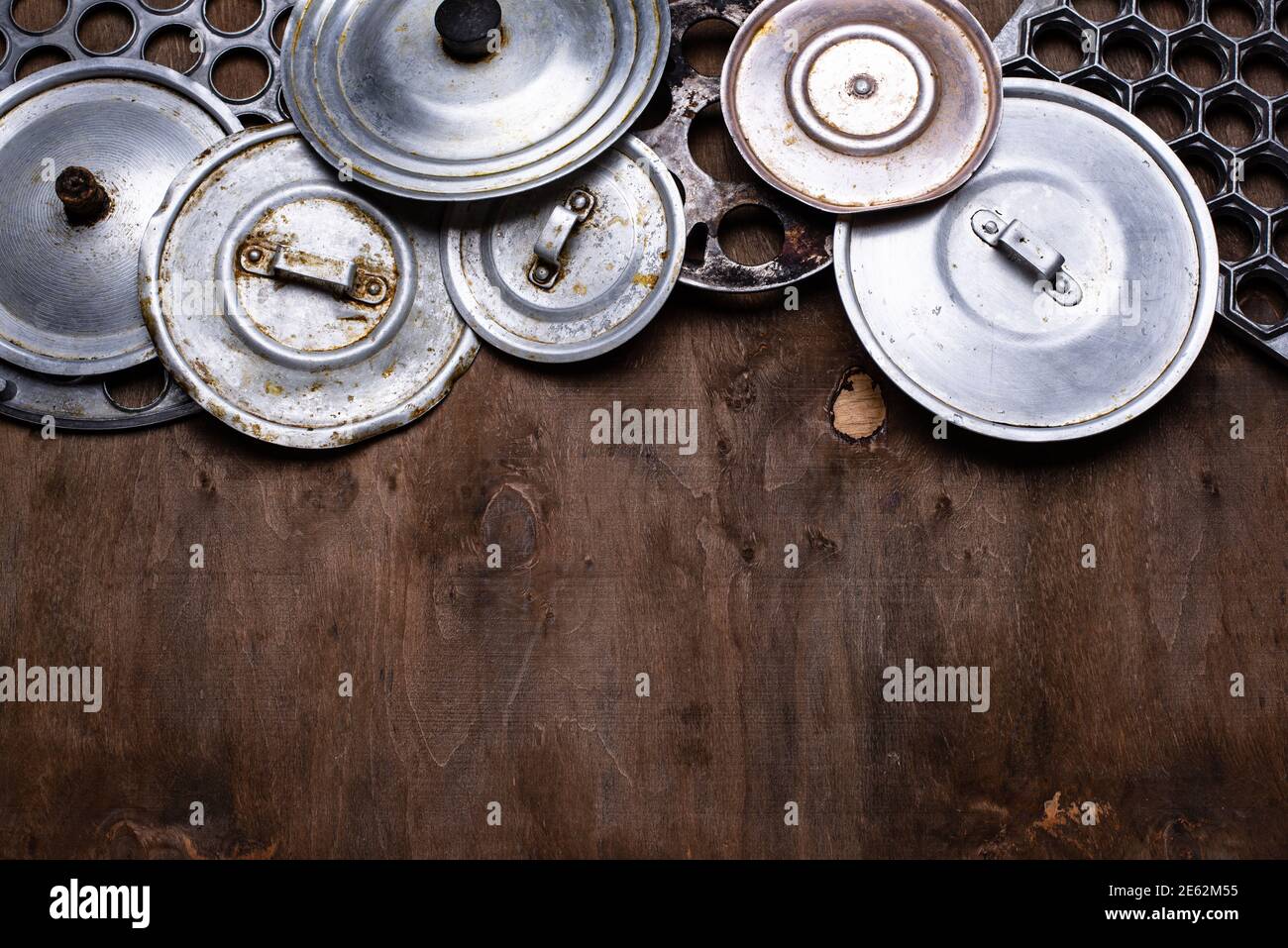 Old iron lids for vintage pot Stock Photo Alamy