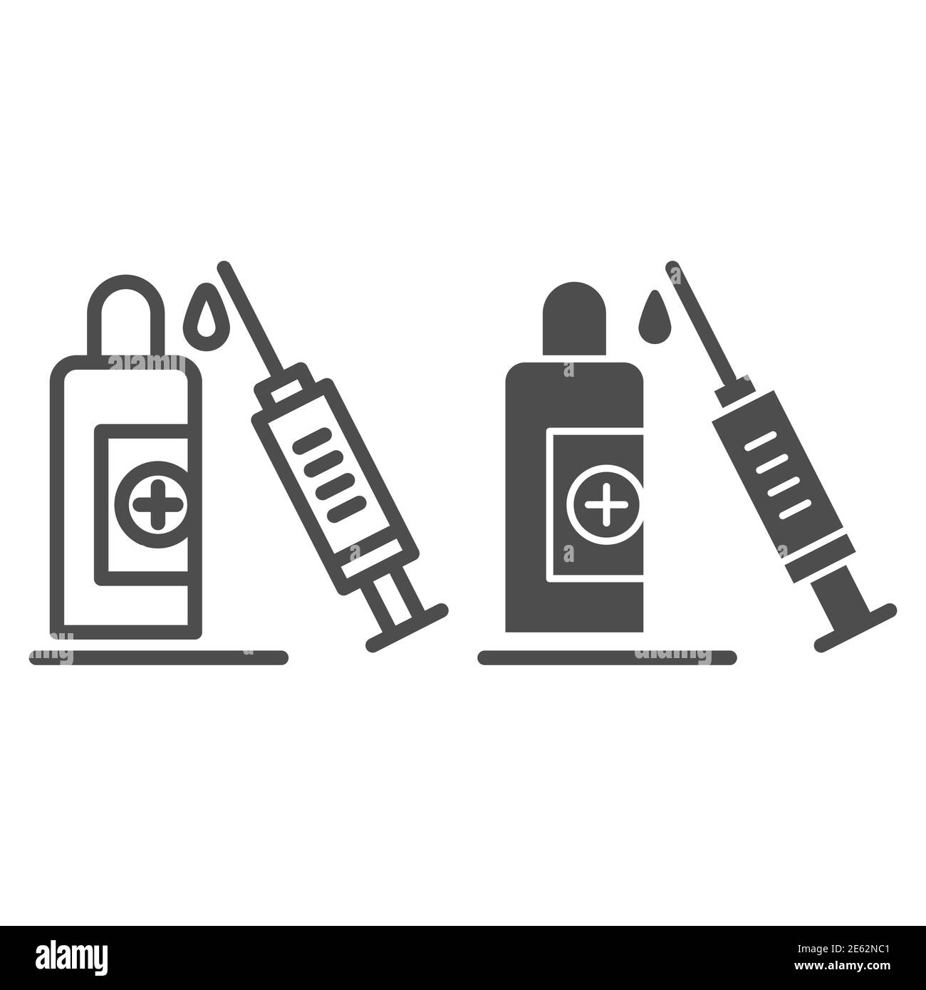 Syringe and bottle vaccine line and solid icon, covid-19 vaccination concept, Medical injection sign on white background, Medicine vial and syringe Stock Vector