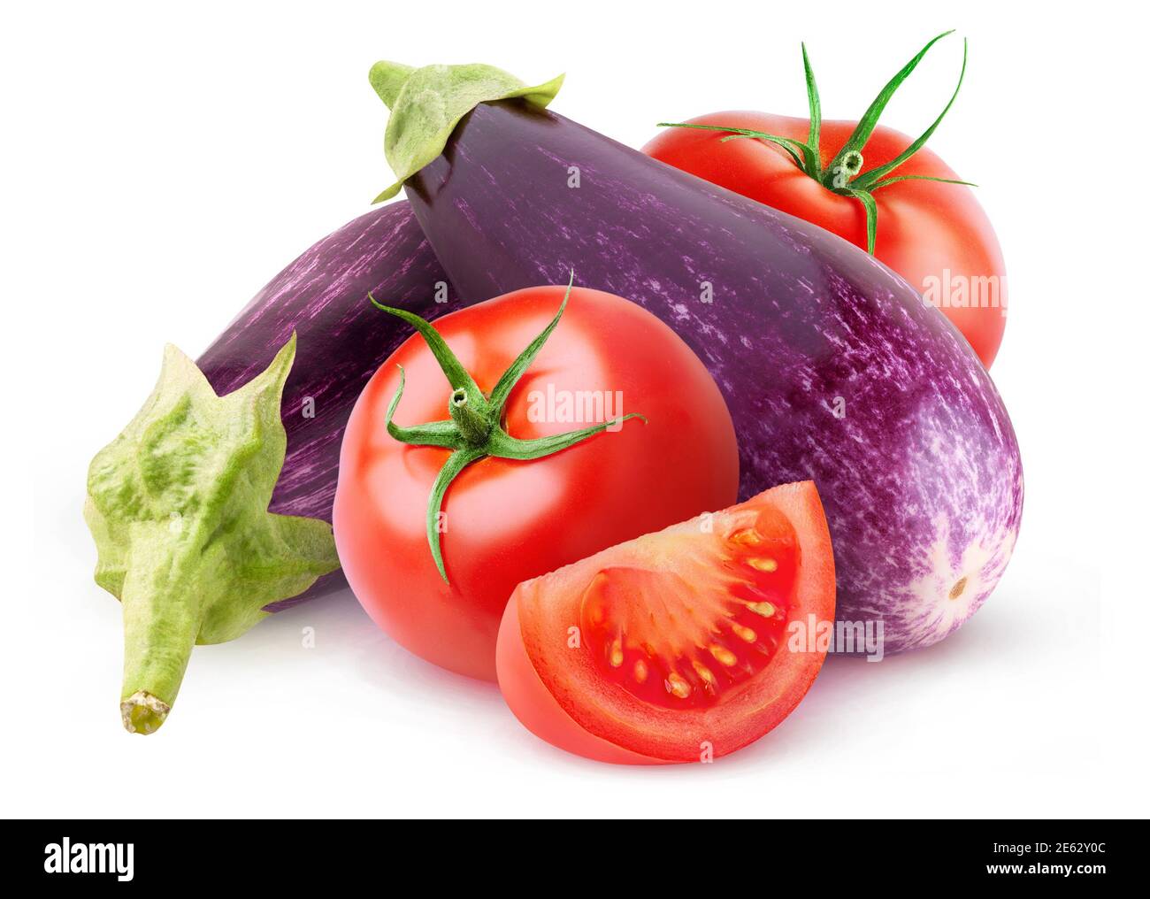 Isolated vegetables. Raw eggplants and tomatoes isolated on white background Stock Photo