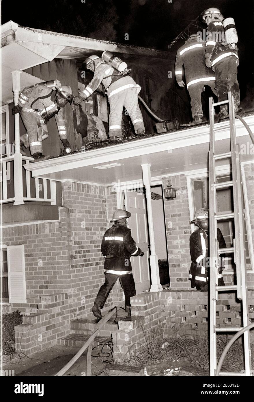 Firefighters at work. A firefighter is a rescuer extensively trained in firefighting, primarily to extinguish hazardous fires that threaten life, property, and the environment as well as to rescue people and in some cases or jurisdictions also animals from dangerous situations. Male firefighters are sometimes referred to colloquially by the historical term fireman (and, less commonly, a female firefighter by the term firewoman) although the use of this terminology is officially discouraged. The Firefighting is further broken down into skills which include: size-up, extinguishing, ventilation, Stock Photo