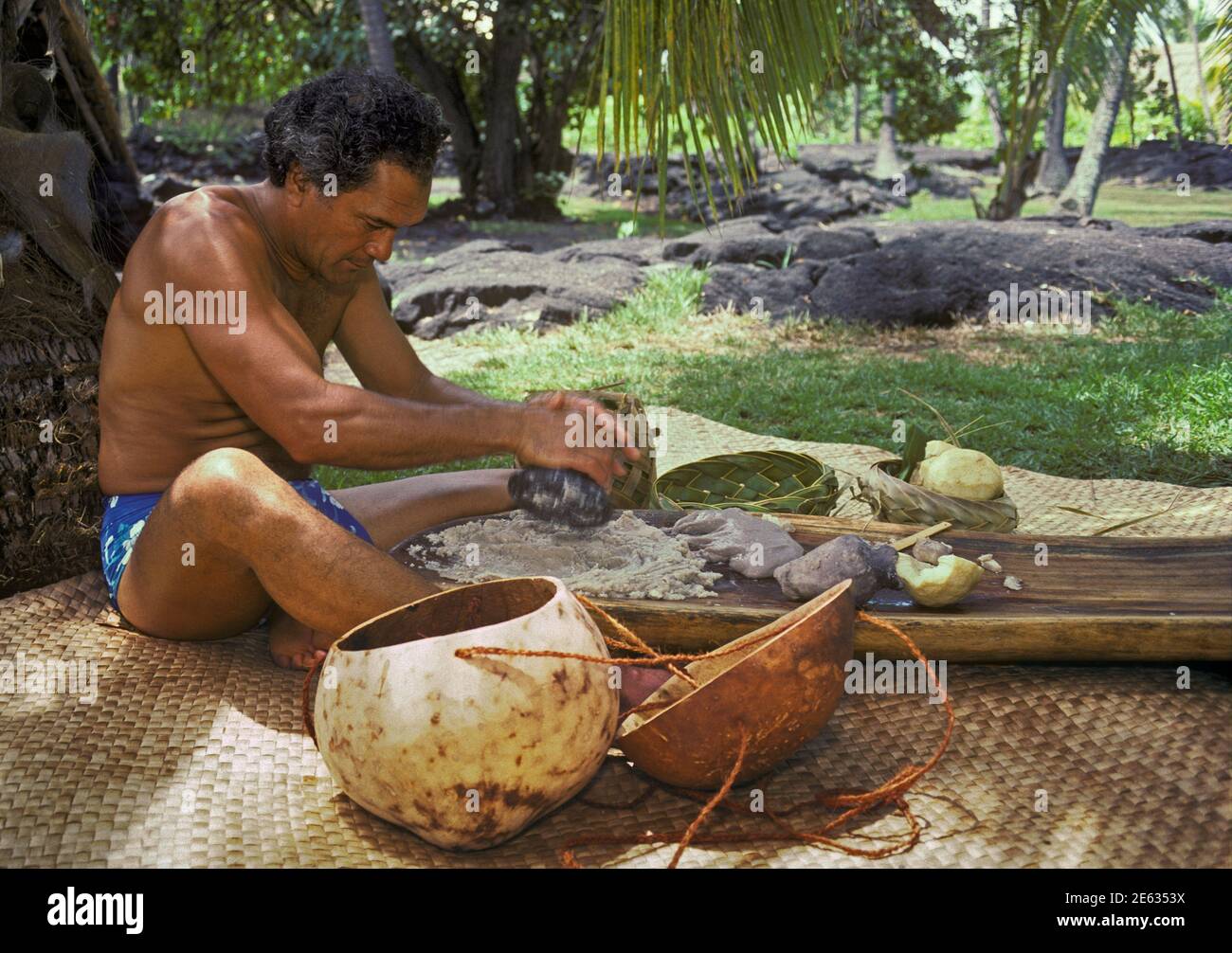 Man pounding taro root to make poi at the annual Establishment Day festival for Puuhonua O Honaunau National Historic Park, Island of Hawaii. Stock Photo