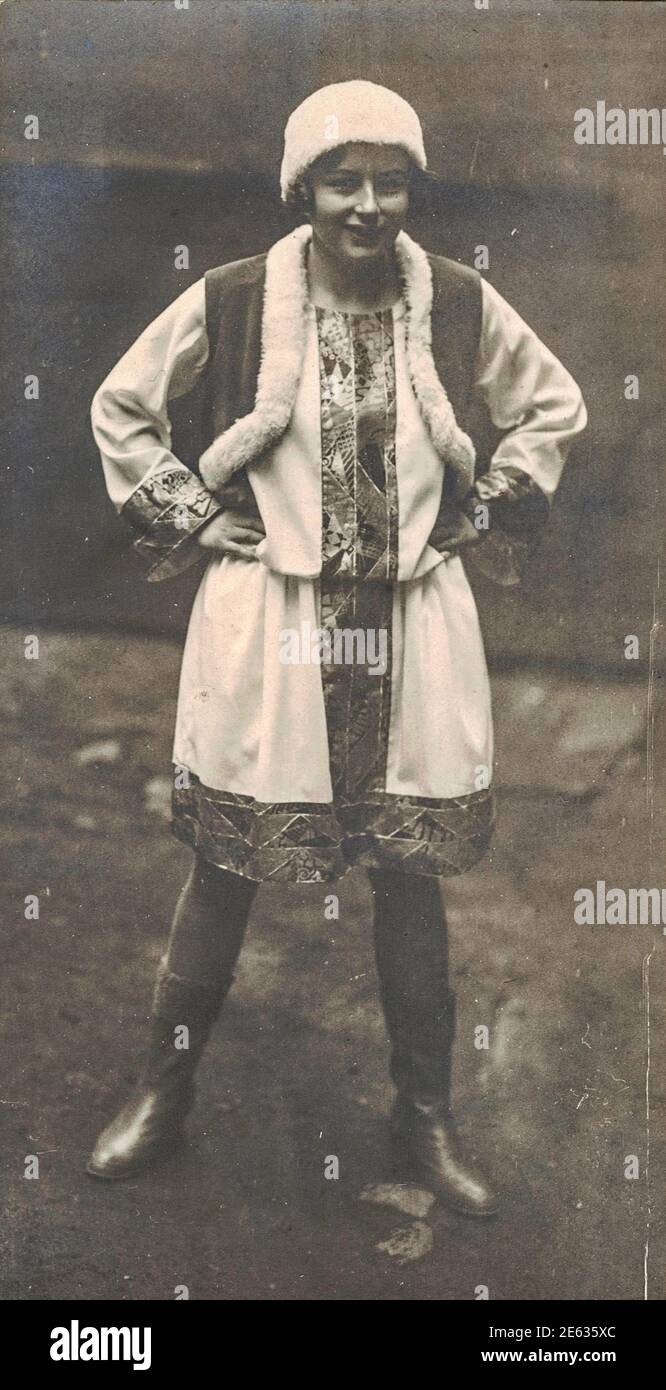 GERMANY - CIRCA 1930s: Vintage photo shows young girl wears traditional folk costum - ladies suit. Black and white photography. German tradition. Stock Photo