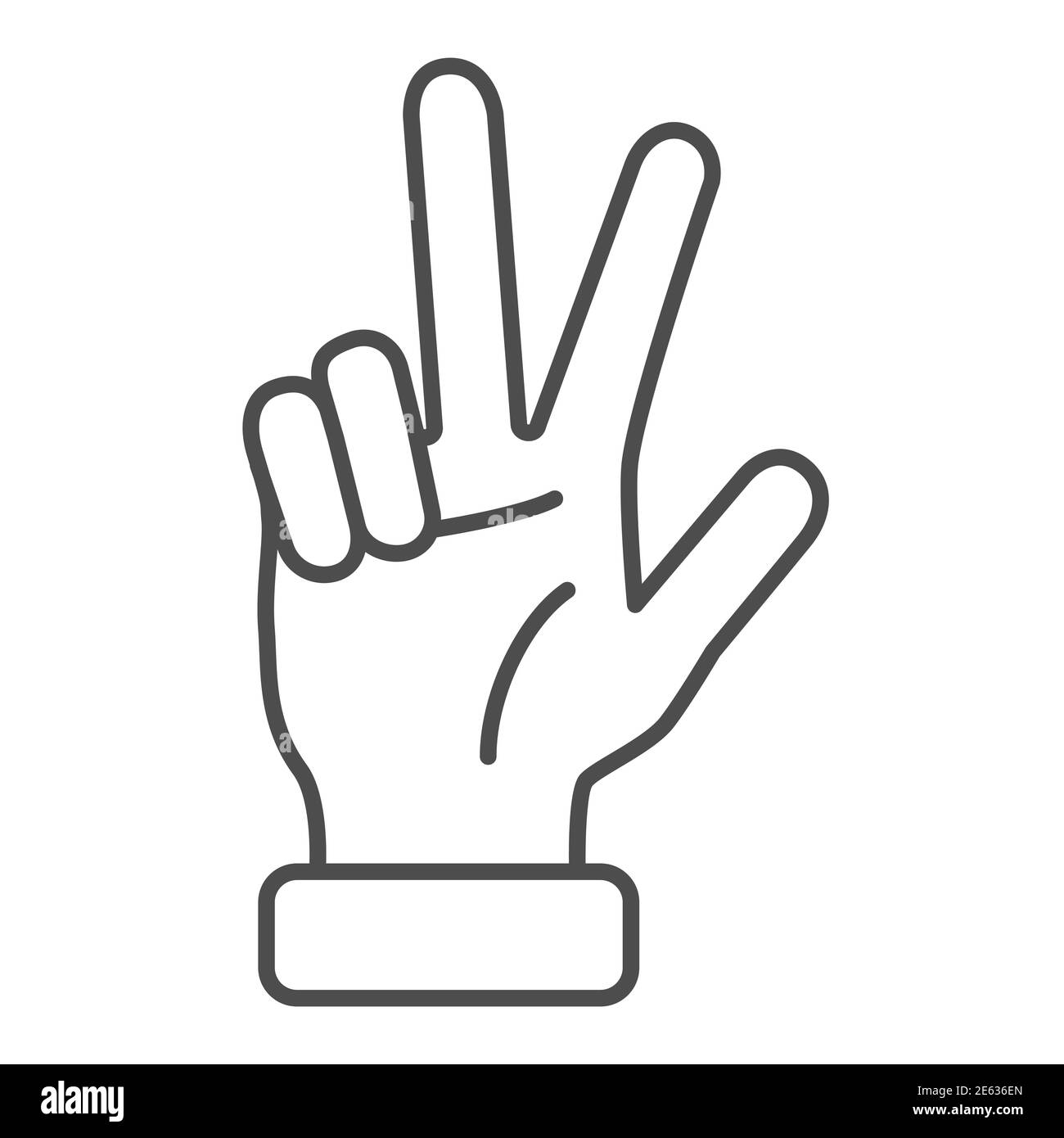 Hand showing three fingers thin line icon, Hand gestures concept, Three finger gesture sign on white background, hand showing number three icon in Stock Vector