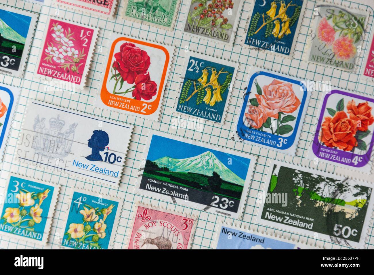 New Zealand stamp collection in album, Greater London, England, United Kingdom Stock Photo