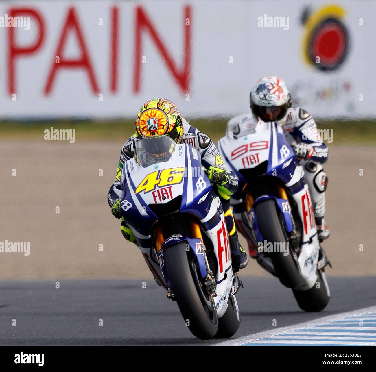 Yamaha Motogp Rider Valentino Rossi 46 Of Italy Leads His Team Mate Jorge Lorenzo Of Spain After They Take The Final Corner During The Japanese Grand Prix In Motegi North Of Tokyo October Yamaha Motogp Rider Valentino Rossi 46 Of Italy Leads His Team Mate Jorge Lorenzo Of Spain After They Take The Final Corner During The Japanese Grand Prix In Motegi North Of Tokyo October