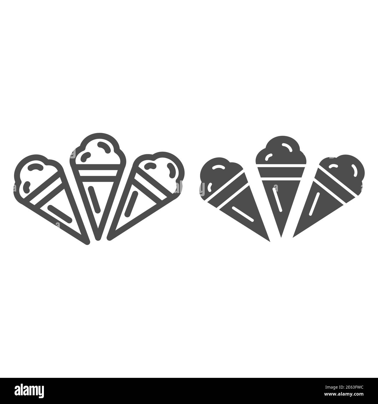Three ice creams line and solid icon, Summer concept, Set of ice cream cones sign on white background, Ice-cream icon in outline style for mobile Stock Vector