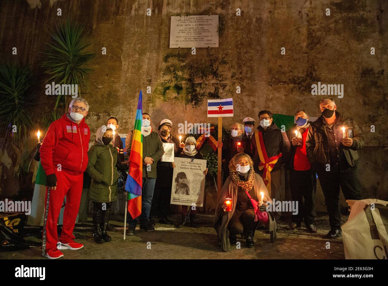 Rome, Italy. 27th Jan, 2021. (1/27/2021) Torchlight procession to remember the 'forgotten' victims of the Holocaust: the Rom-Sinti people, homosexuals, disabled people (Photo by Matteo Nardone/Pacific Press/Sipa USA) Credit: Sipa USA/Alamy Live News Stock Photo