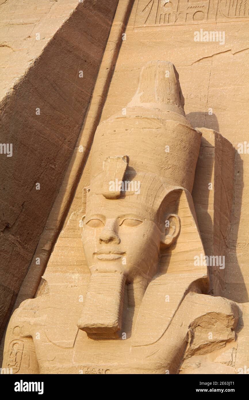 Close-up of Ramesses II statue at Abu Simbel temple, Egypt Stock Photo
