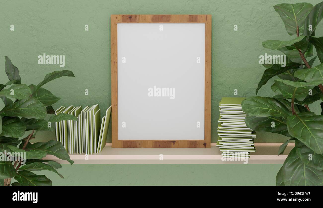 mockup with wooden frame on white shelf with books on the sides and vegetation with green colored wall. 3d render Stock Photo