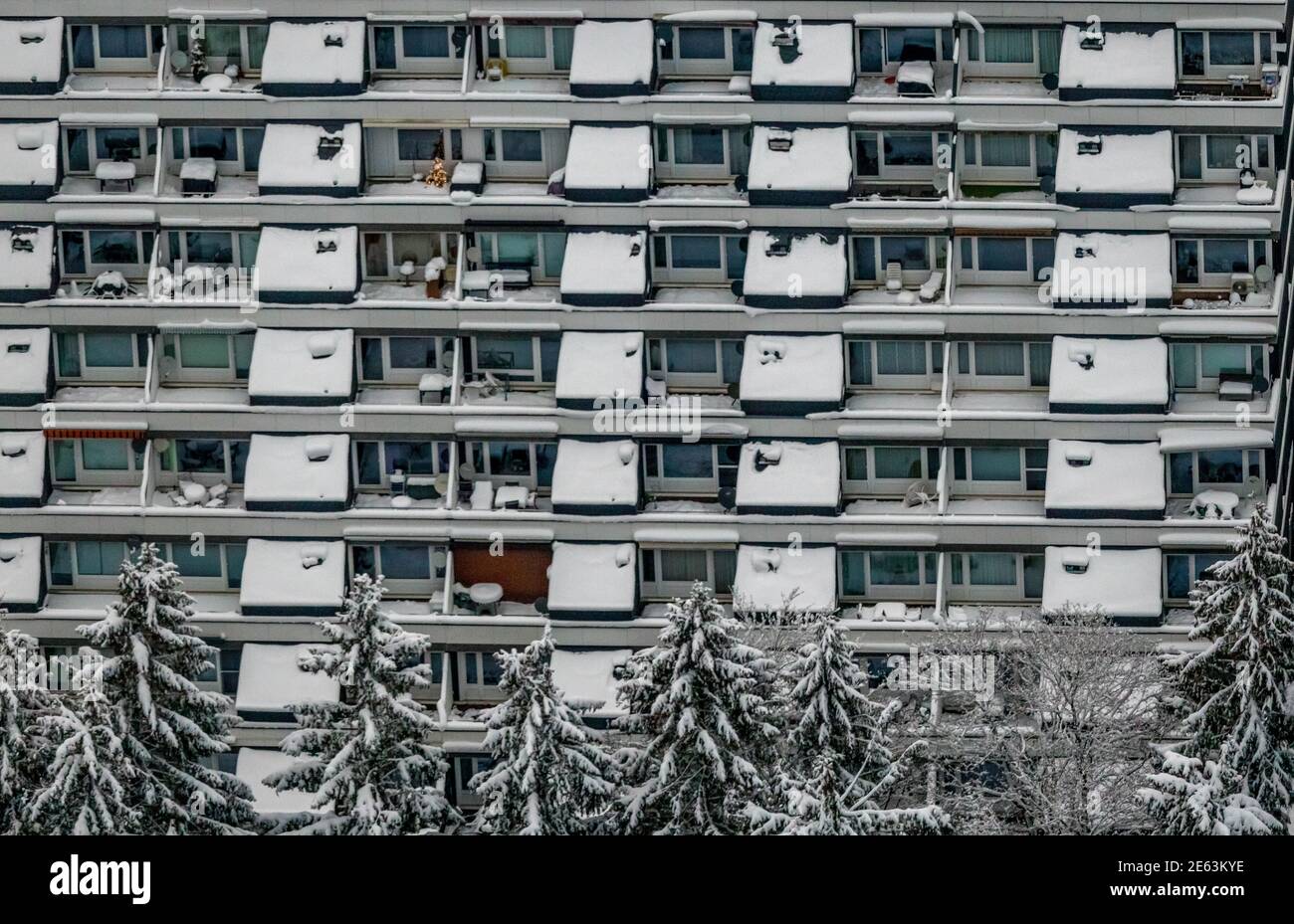 Aerial view of apartment houses with deserted vacation apartments in Coronal Lockdown in Winterberg in Sauerland in North Rhine-Westphalia, Germany, S Stock Photo