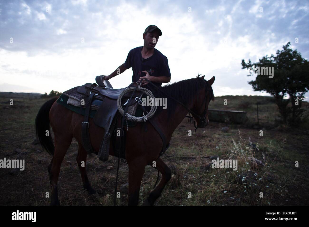 Yakir, an Israeli cowboy, steps onto his horse on a ranch just outside  Moshav Yonatan, a collective farming community some two kilometres south of  the ceasefire line between Israel and Syria in