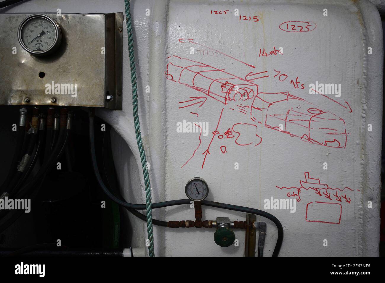 A dive plan of the Tabarka wreck is drawn on a dive boat at Scapa Flow in the Orkney Islands, Scotland May 6, 2014. During both World Wars, Scapa Flow was an important British naval base, and the site of significant loss of life. Following the end of World War One, 74 German warships were interned there, and on June 21, 1919 most were deliberately sunk, or scuttled, at the orders of German Rear Admiral Ludwig Von Reuter, who mistakenly thought that the Armistice had broken down and wanted to prevent the British from using the ships. Now Scapa Flow is a popular site for divers, who explore the  Stock Photo