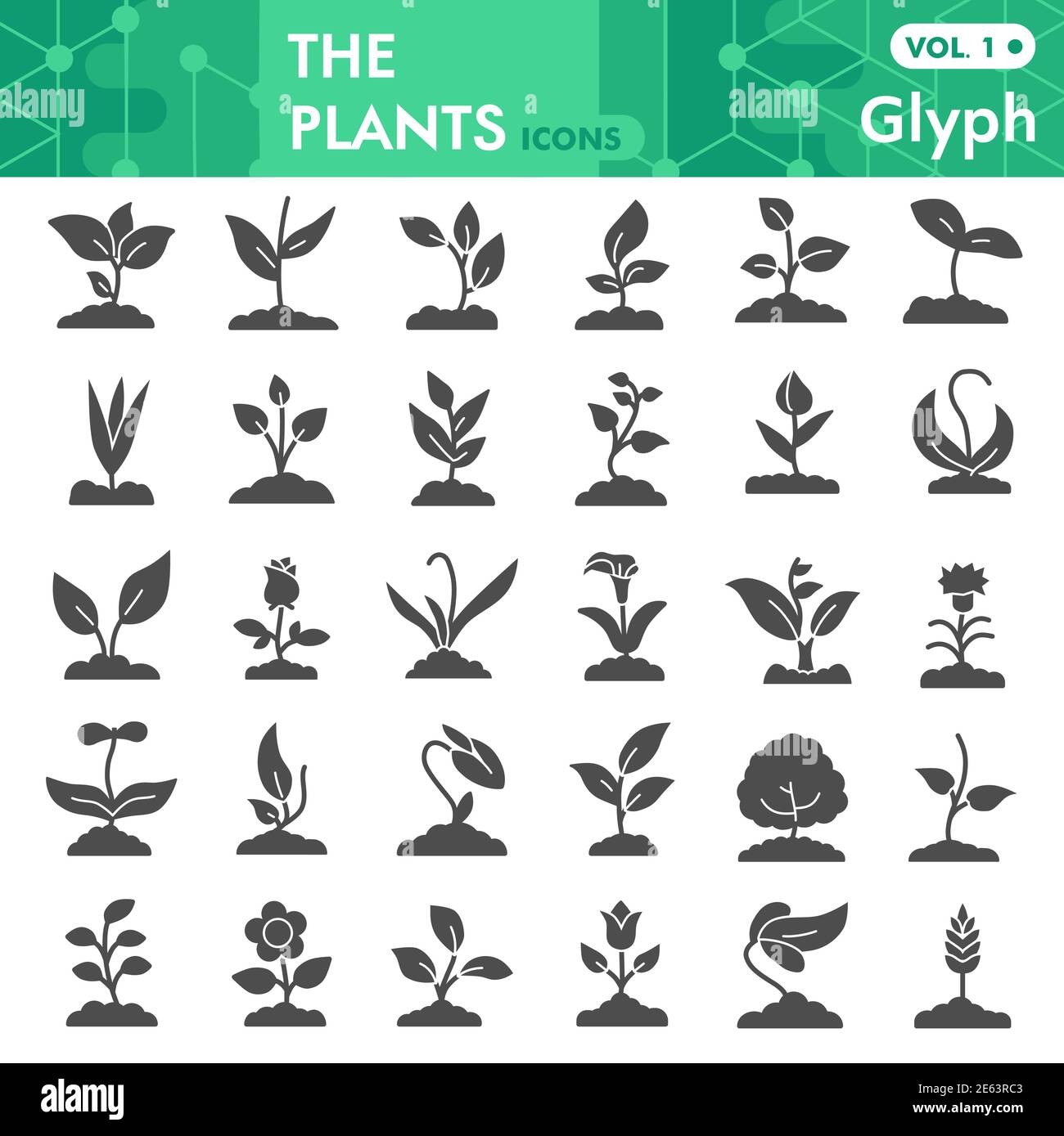 Plants Solid Icon Set Gardening Symbols Collection Or Sketches 