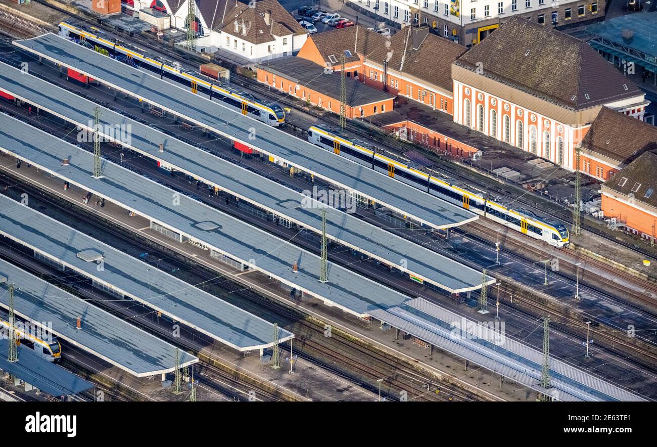 Aerial view Hamm main station in Hamm, Ruhr area, North Rhine-Westphalia, Germany, railroad tracks, station, platform, DE, Deutsche Bahn AG, Europe, t Stock Photo