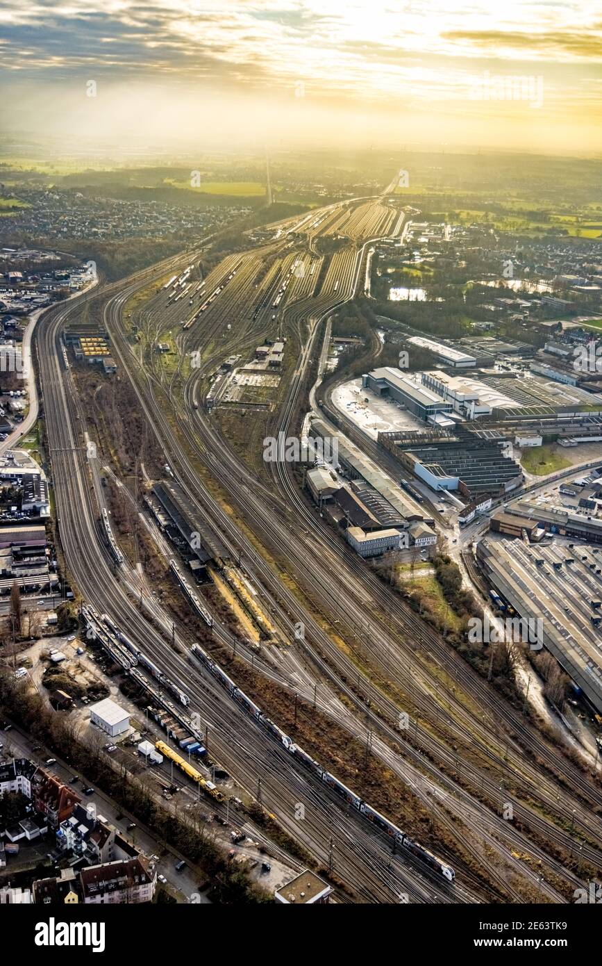 Aerial view marshalling yard and freight station backlit in Hamm, Ruhr area, North Rhine-Westphalia, Germany, railroad tracks, station, DE, Deutsche B Stock Photo