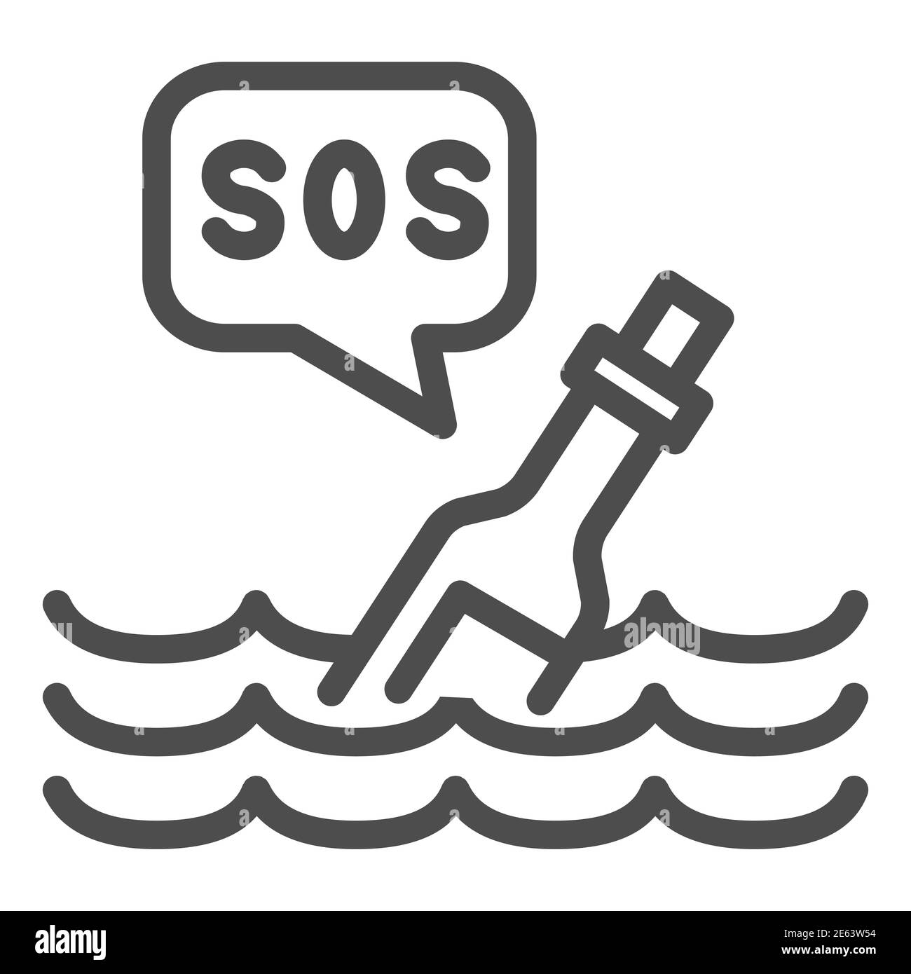 Bottle with sos message line icon, ocean concept, Bottle on wave sign on white background, Bottle floating on waves icon in outline style for mobile Stock Vector