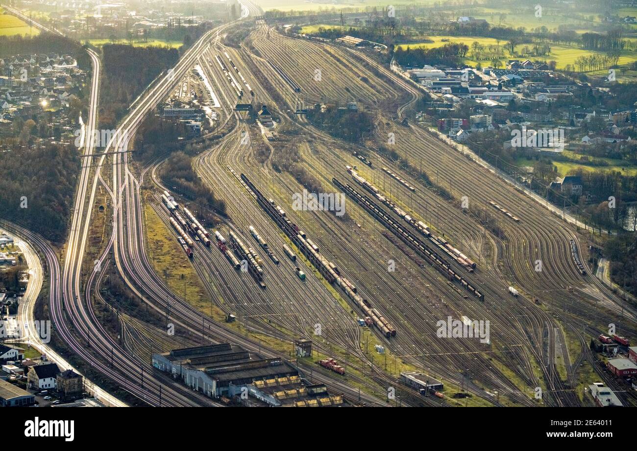 Aerial view marshalling yard and freight station backlit in Hamm, Ruhr area, North Rhine-Westphalia, Germany, railroad tracks, station, DE, Deutsche B Stock Photo