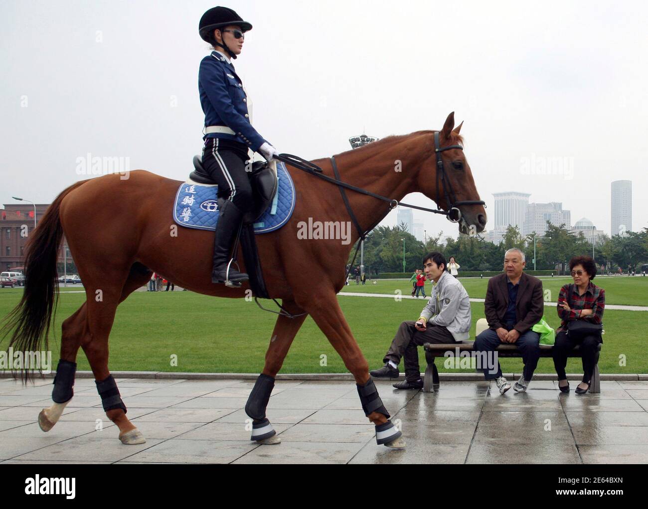 A policewoman on horseback patrols in a park in Dalian, Liaoning province October 2, 2010. The Dalian mounted policewoman unit was founded in December 1994. REUTERS/Jacky Chen (CHINA - Tags: ANIMALS) Stock Photo