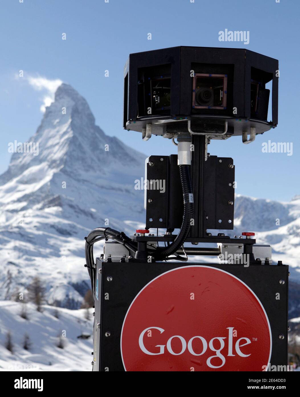 The Google Street View snowmobile camera is pictured in front of the  Matterhorn during a press presentation in Zermatt February 21, 2011. The  ski resort, and its 350 kilometres (217 miles) of