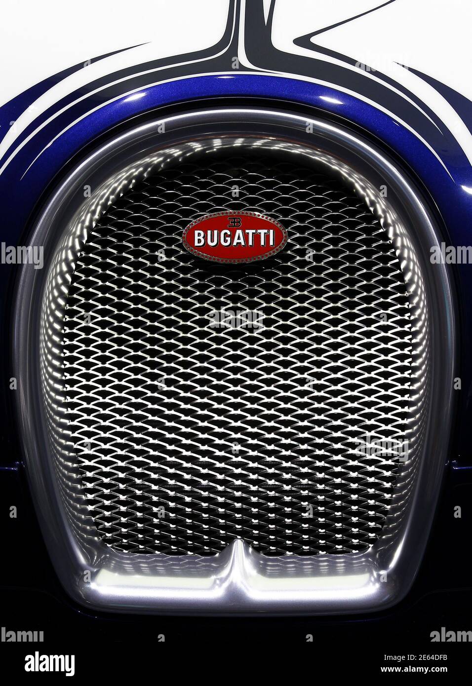 The grille of a Bugatti Veyron L'Or Blanc is seen at the International  Motor Show (IAA) in Frankfurt, September 13, 2011. The one-off "white gold"  Grand Sport vehicle is being built in