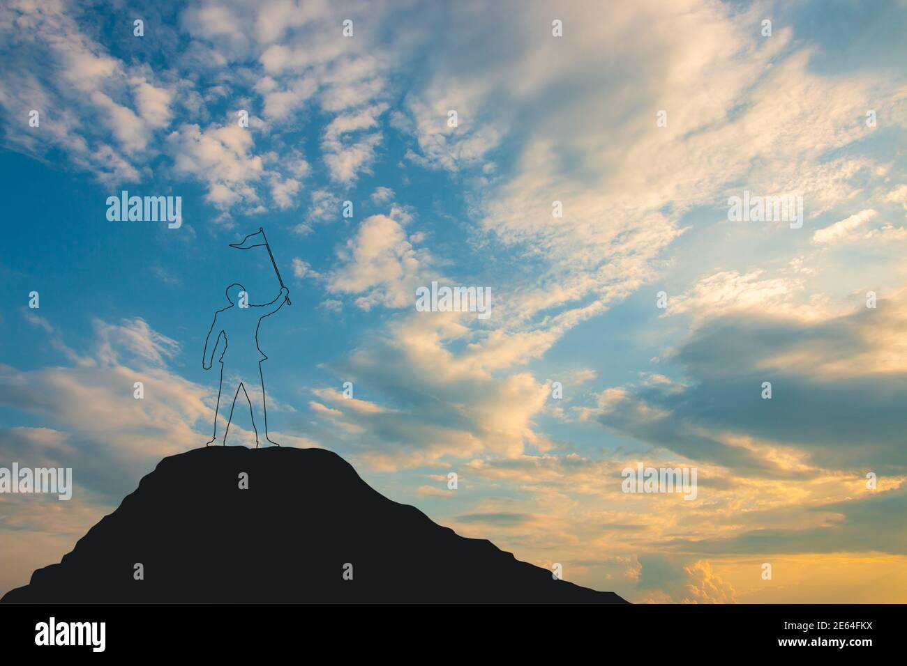 silhouette of man on mountain top over sky and sun light background ...