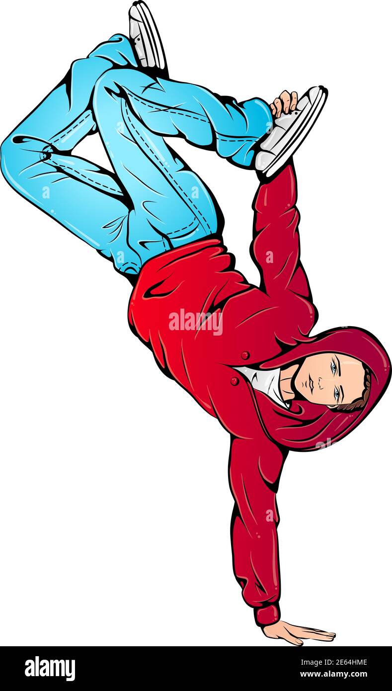 Vector illustration of young boy dancing street style breaking isolated on white background. B-boying style man balancing on hand. Dance icon. Street dance art for dance studio, shop. Stock Vector