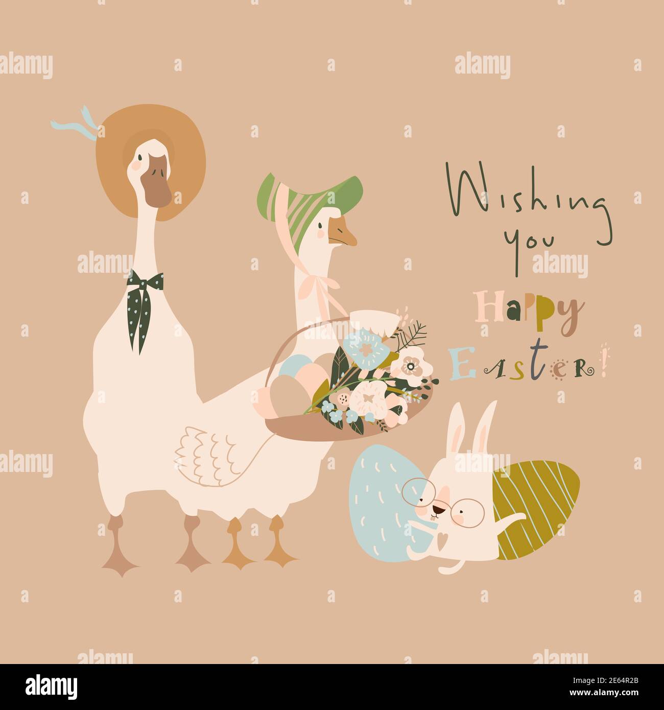 Cute cartoon gooses with Easter eggs and flowers Stock Vector