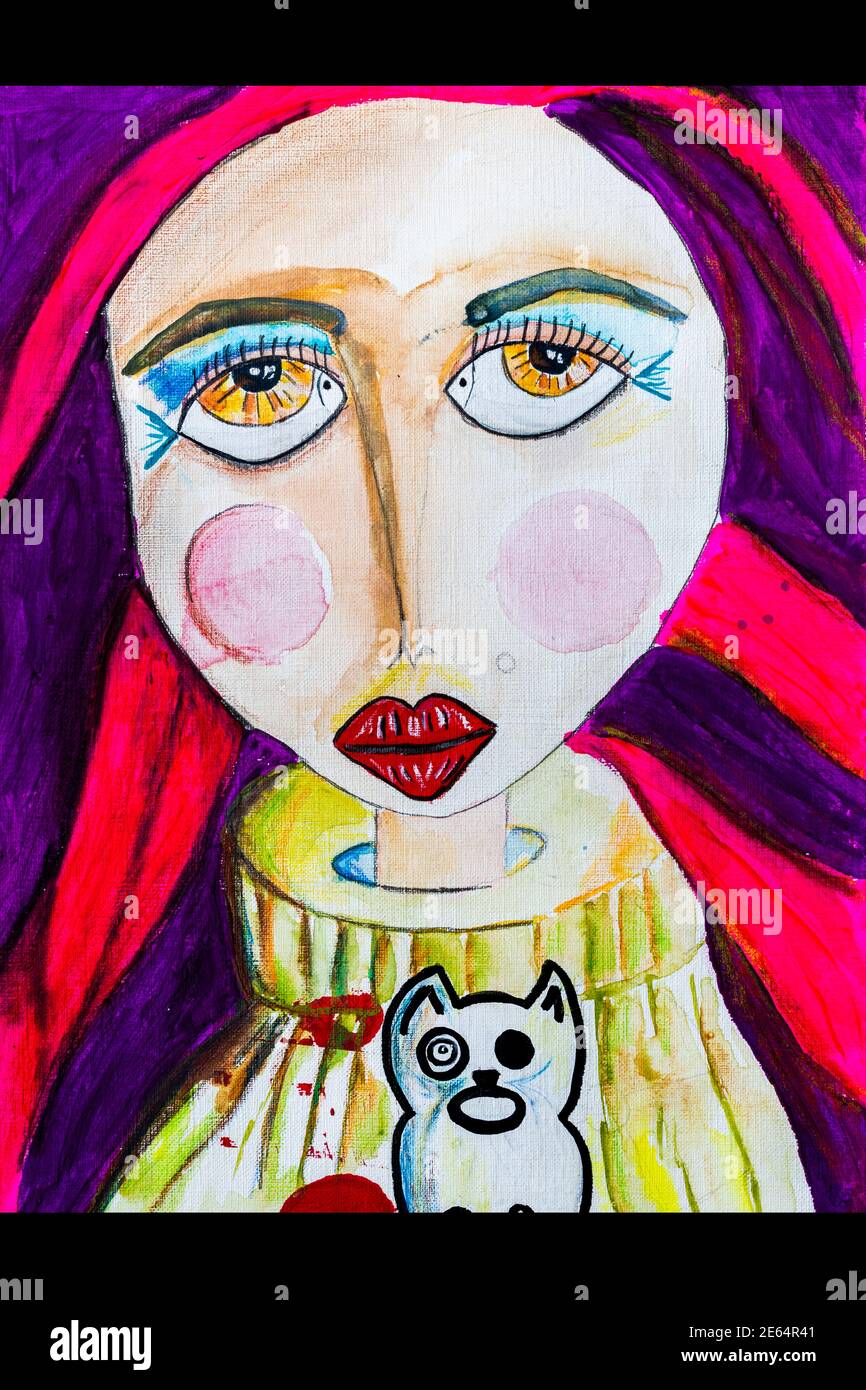 face of a woman painted in acrylic with purple and pink, concept art ...