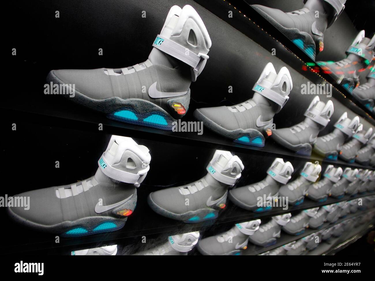 2011 NIKE MAG shoes, based on the original NIKE MAG worn in 2015 by the " Back to the Future" character Marty McFly, played by Michael J. Fox, is  displayed during its unveiling
